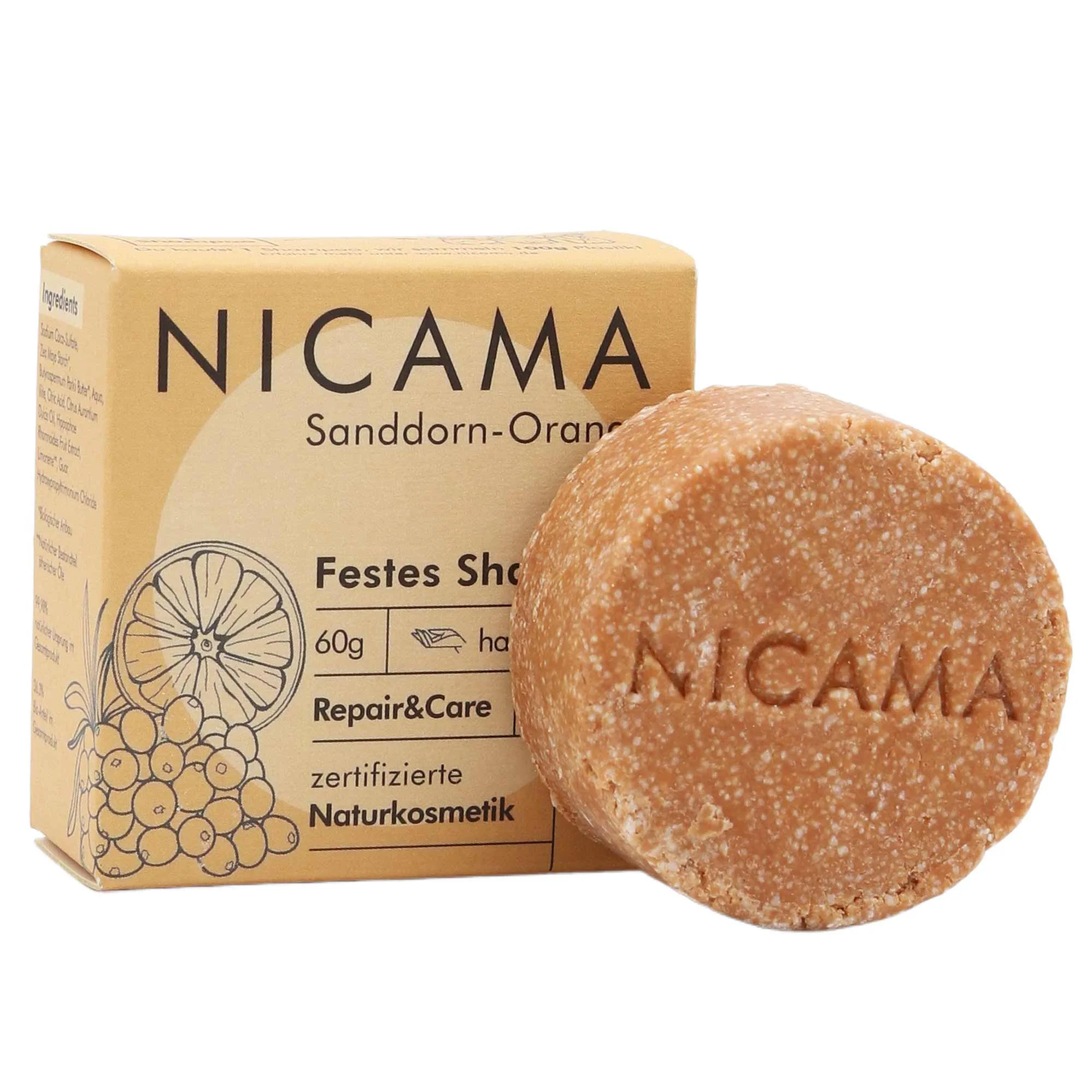 NICAMA - festes Shampoo Sanddorn-Orange (COSMOS) - 60g NICAMA - festes Shampoo Sanddorn-Orange (COSMOS) - 60g
