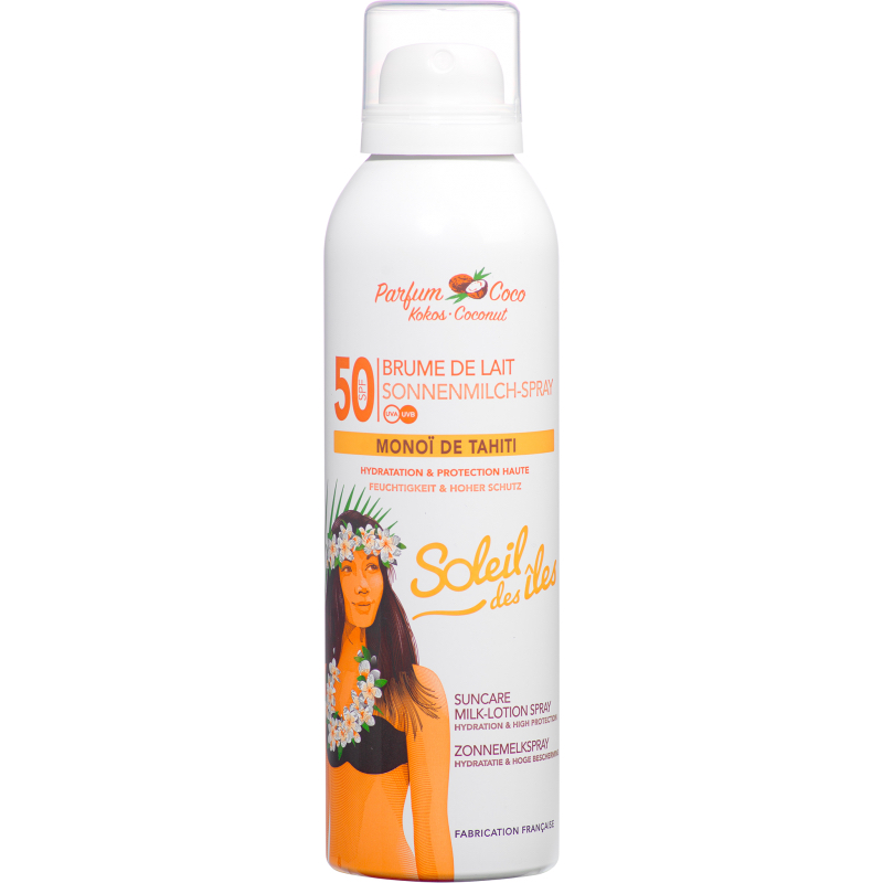 Product Media Sonnensprays mit LSF 50, angereichert mit Monoi de Tahiti, für optimalen Sonnenschutz und Hautpflege.