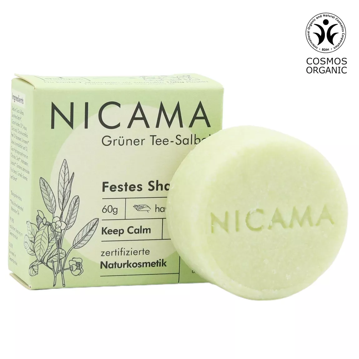 NICAMA festes Shampoo grüner Tee-Salbei (COSMOS) - 60g