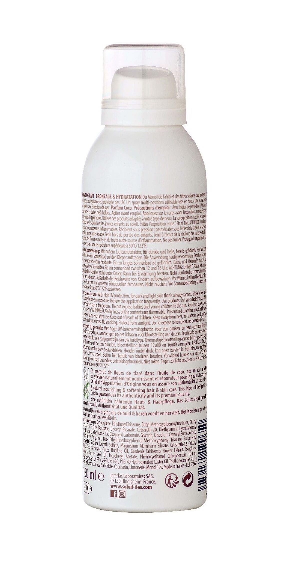 Sonnenmilch Spray, Bräunungsspray mit Monoi de Tahiti inci