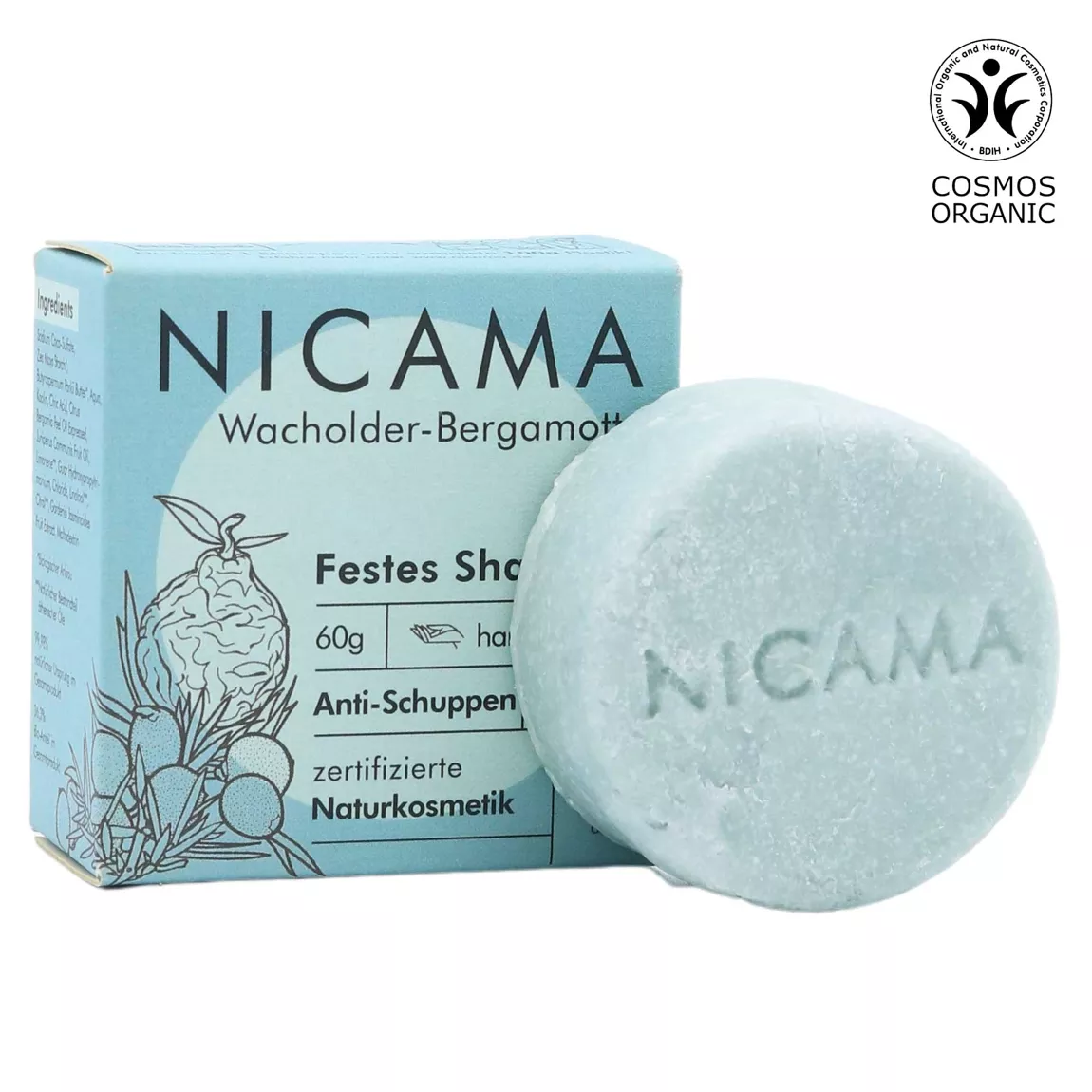 NICAMA festes Shampoo Wacholder-Bergamotte (COSMOS) - 60g